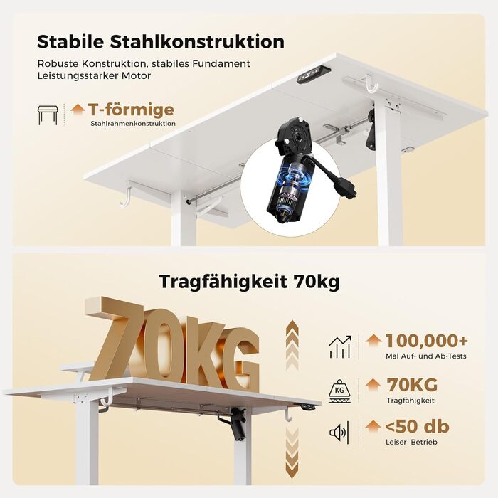 Електричний регульований стіл Agilestic з підсвічуванням, USB-портом та мобільним тримачем монітора. Комп'ютерний стіл з 3-секційною стільницею (білий, 120 x 60 см)