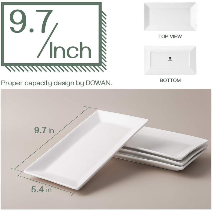DOWAN Porcelain Serving Platter, 24.6 x 13.7 cm Rectangular Serving Platters 4 Pack, Large White Dessert Plates for Buffets, Sushi, Cakes, Appetizers at Home/in Restaurant