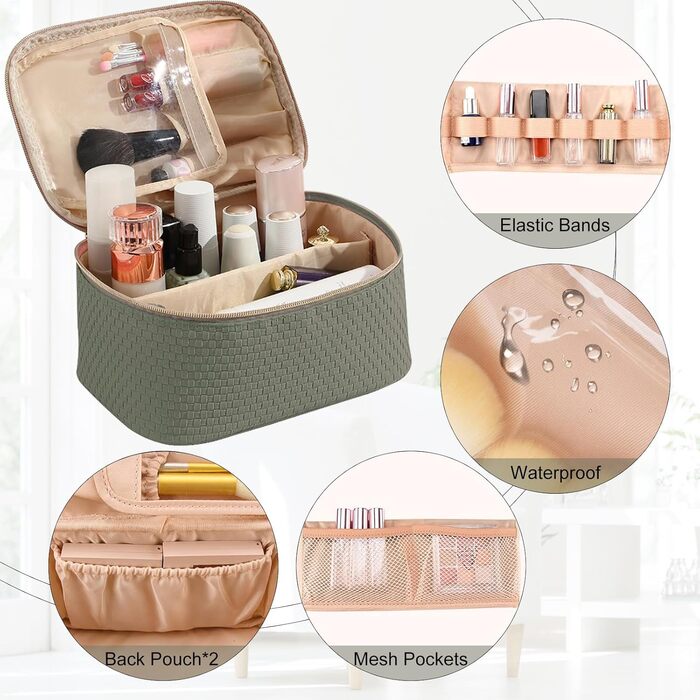 Жіноча косметичка для подорожей, водонепроникна, з відділенням для пензлів, з PU шкіри, велика, зелена (матічас)
