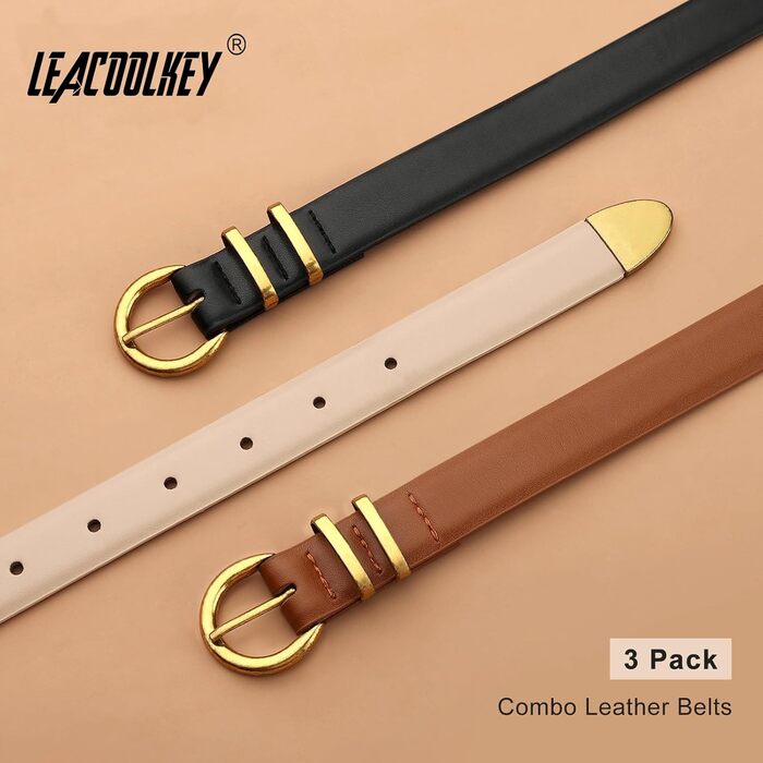LEACOOLKEY 3 шт. жіночі шкіряні тонкі ремені для джинсів та суконь. В'язані ремені з золотистою та сріблястою пряжкою (100см). Розмір талії 66см-76см, (110см) Розмір талії 77см-91см, B-чорний+коричневий+бежевий (старовинне золото)