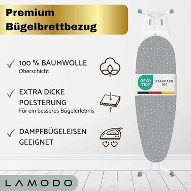 Чохол для прасувальної дошки Lamodo® 125x45 см, 100% бавовна, для парової праски, товста підкладка, гумка та фіксатор, сірий у горошок