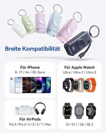 Power Bank INIU для Apple Watch, 5000mAh, вбудований кабель, LCD-дисплей, сумісний з iWatch 10/9/8/Ultra2/Ultra/SE, iPhone 16/15 (Чорний)