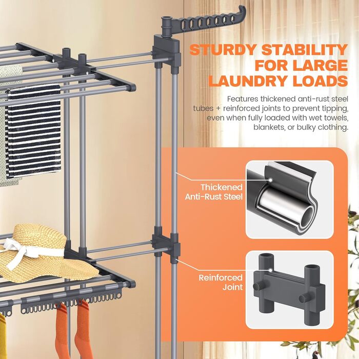 Сушарка для білизни Huracan 2в1: тур, розкладна, висувна, сіра. 3 яруси, 2 тримачі для шкарпеток та білизни.