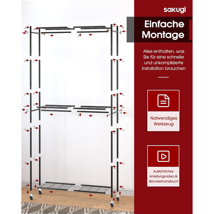 Стійка для одягу на колесах з полицями та гачками, металева, 84 x 31 x 202 см, чорна