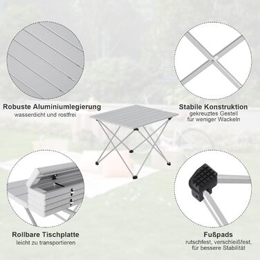 Складаний туристичний столик Woltu Alu - легкий, портативний, для кемпінгу, пікніка, риболовлі, 68x46x40 см, срібний