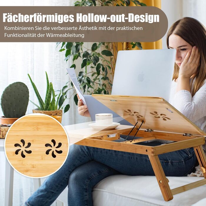 Столик для ноутбука COSTWAY з бамбука, регульований по висоті та куту нахилу, з вентиляцією, з ящиком, складний, для роботи та відпочинку, 53 x 33 x 20-26,5 см (натуральний бамбук)