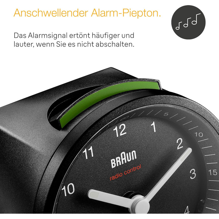 Classic analog radio alarm clock by Braun for the Central European Time Zone (CET/GMT+1) with snooze function and light, quiet movement, crescendo alarm in black, model BC07B-DCF