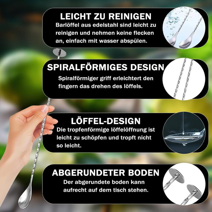 Набір з 2 барних ложок, 30 см, нержавіюча сталь. Ідеально для коктейлів, кави та десертів. Стильні ложки-йоршики для льоду та напоїв.