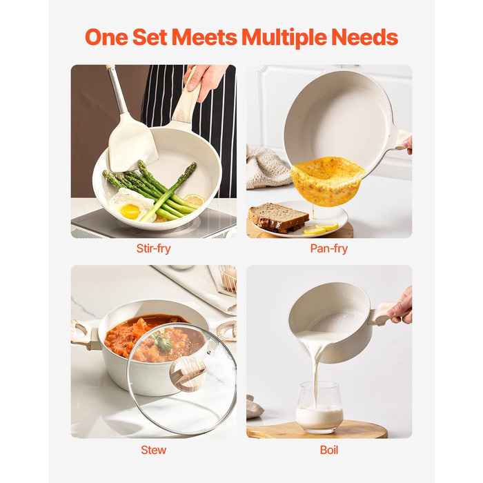 Набір посуду VEVOR індукційний 17 предметів з кришками, антипригарне покриття, для плити, кухні, кемпінгу - білий