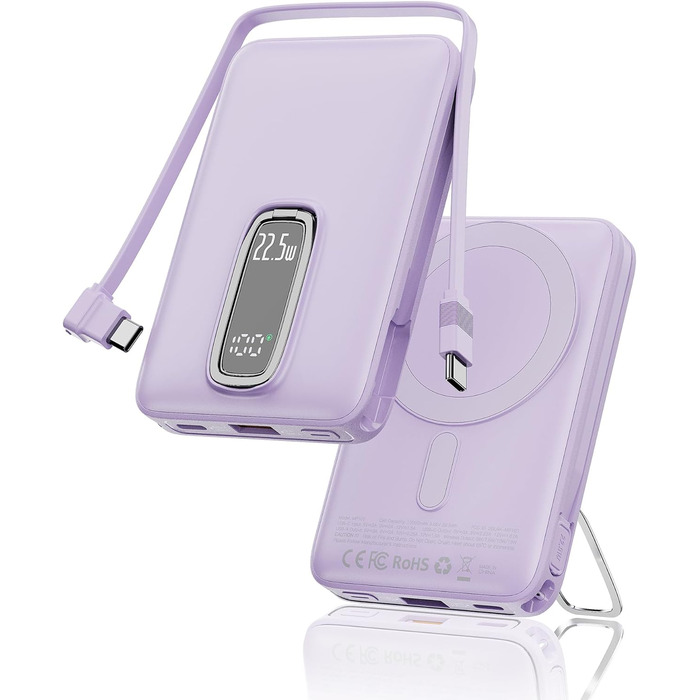 Power Bank MagSafe на iPhone 10000mAh 22.5W з кабелем USB-C, магнітна бездротова зарядка, акумулятор для iPhone 17/16/15/14/13/12 Max/Pro/Plus (Ліловий)