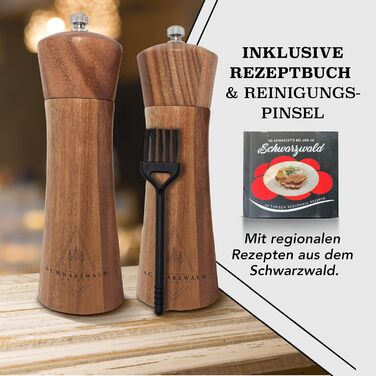 Набір млинків для солі та перцю Schwarzwald Spirit, дерев'яні, 16,5 см, 2 шт, керамічний механізм, з пензликом для очищення та рецептурником – подарунок для кухні