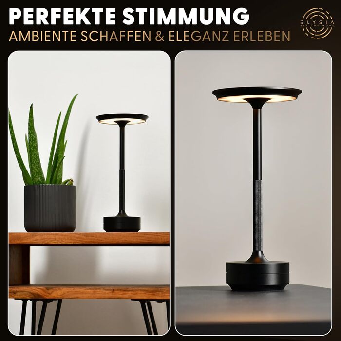 Настільна світлодіодна лампа ELYSIA LED акумуляторна, димована, бездротова, з сенсорним керуванням (IP54), тепле світло (2200K-2700K-3200K), USB-C, алюмінієва, чорна
