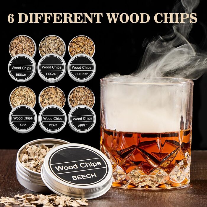 Набір для копчення коктейлів та віскі – 6 видів деревини, ліхтарик, генератор диму – без бутану (продається окремо), класичний набір