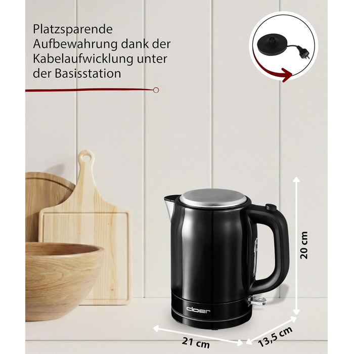 Електричний чайник Cloer 4511 з нержавіючої сталі, 2200 Вт, індикатор рівня води, захист від сухого кипіння та перегріву, 1 літр, чорний