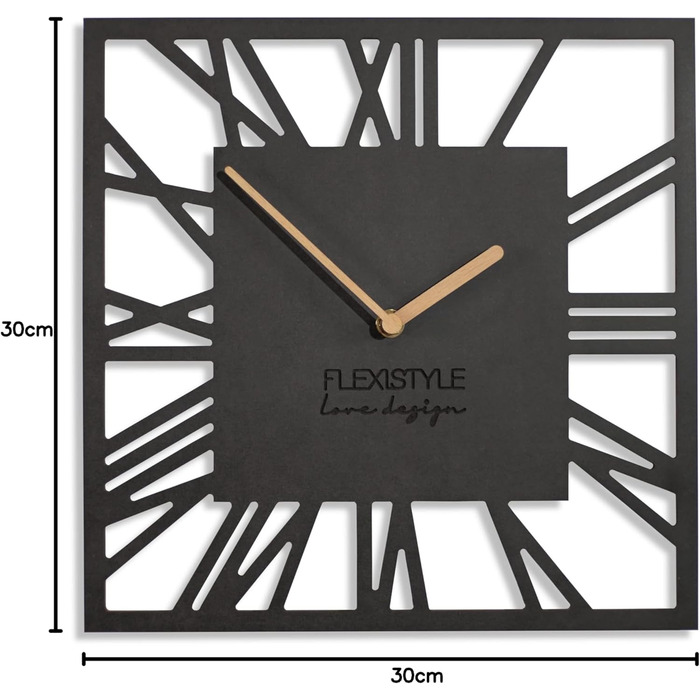 FLEXISTYLE Wall Clock No Ticking Sound Modern LOFT Piccolo Square 30cm Living Room Bathroom (Black), z219n