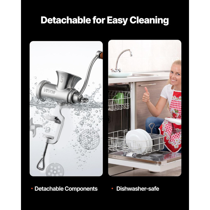 М'ясорубка ручна VEVOR з нержавіючої сталі 304, з насадкою для ковбас, кріпленням до столу та 2 дисками (4.5/8 мм) + 4 насадки для ковбас