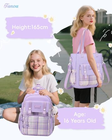 Рюкзак Tanou для дівчаток, підлітків: великий шкільний набір з сумкою через плече, в клітинку, 26L, фіолетовий