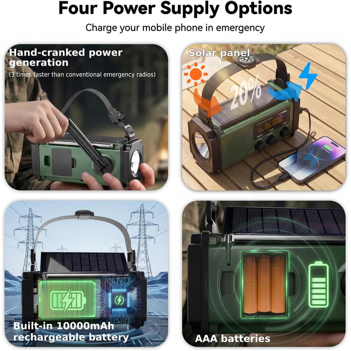 Радіо на сонячній батареї та з ручним заводом Monodeal з Power Bank, аварійне радіо для кемпінгу та надзвичайних ситуацій, вбудований SOS-сигнал, LED-ліхтарик, зелений