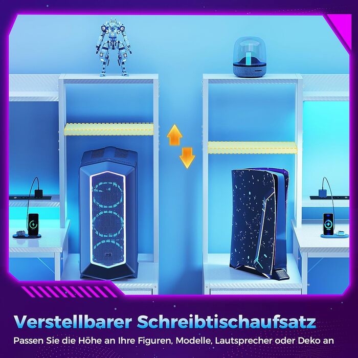 Ігровий стіл Coleshome з полицями та шухлядами, 137×48 см. Стіл для геймінгу з LED-підсвічуванням та розеткою, комп'ютерний стіл з місцями для зберігання та підставкою для монітора (білий карбон, 137×48 см)