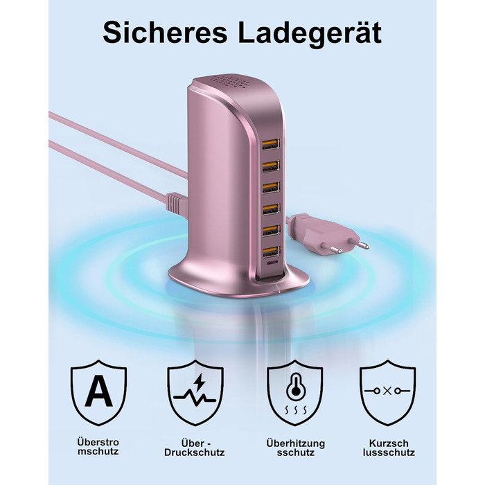 Зарядний пристрій USB багатопортовий 6 портів 25W/50W для iPhone, Samsung, LG, Huawei (Чорний/Рожевий)