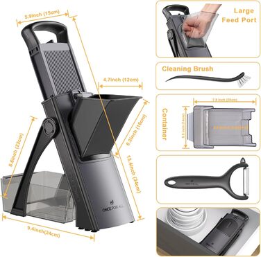 Мандоліна-слайсер ONCE FOR ALL Upgrade: безпечний, великий, з регулюванням, для овочів та продуктів, для картопляного фрі, знімні леза (чорно-сірий + ніж для взуття)