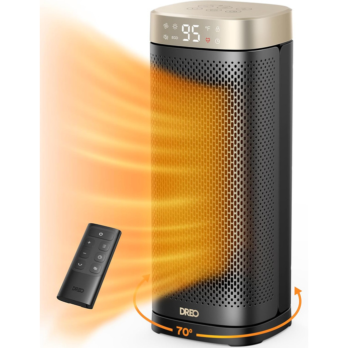 Dreo Heater - Energy-Saving, Quiet, 2000W Ceramic Heater with Thermostat, 12-Hour Timer, 3 Modes, 70° Oscillation, 16 Inch Electric Heater for Rooms, Overheat and Tip-Over Protection, Solaris Slim H2, Gold