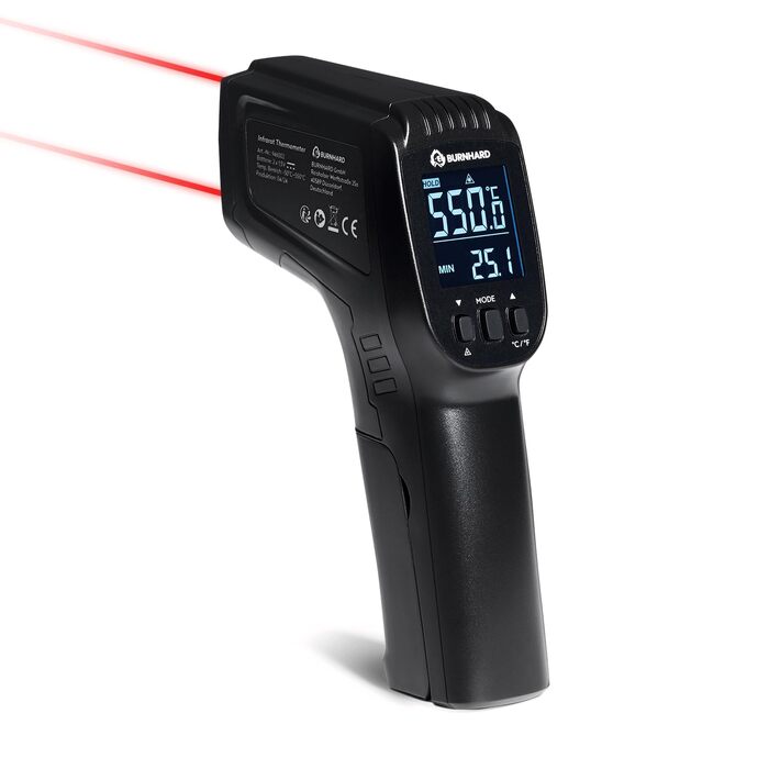 Інфрачервоний термометр BURNHARD з подвійним лазером, -50 – 550 °C, з функцією утримання, регулюванням випромінювання, для піцокаменів та грилів