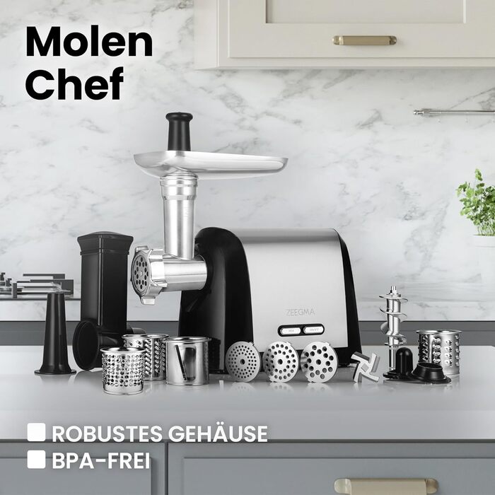ZEEGMA Electric Meat Grinder - 1900W, Stainless Steel Plates, 3kg/min, Sausage Maker, Kubbe Maker, Chopping, Dicing, REV Function, Accessory Set - Silver
