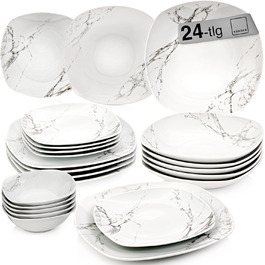 SÄNGER | Tableware Bilgola Marble, 24-piece dinnerware set for 6 people with soup, dessert, dinner plates & cereal bowls made of porcelain, plate set, tableware, square | PREMIUM COLLECTION