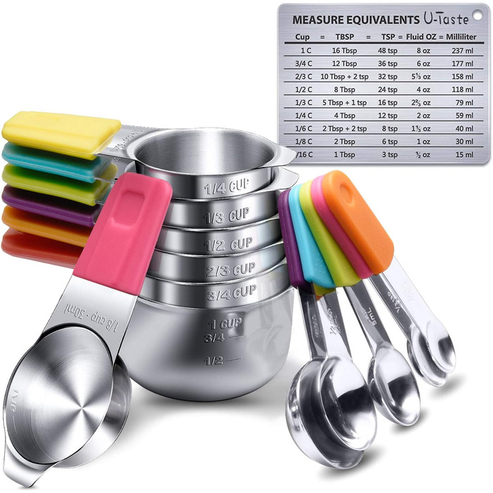 Magnetic Measuring Cups and Spoons, 13-Piece Set Made of 18/8 Stainless Steel: 7 Cup Measuring Cups and 5 tsp/tbsp Measuring Spoons and 1 Professional Conversion Chart for Magnetic Measurements (Multicolor)