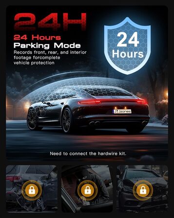 Відеореєстратор Jzones з GPS, WiFi, 4K+1080P, потрійна камера (передня, задня, внутрішня), 64GB SD, G-сенсор, нічне бачення, паркувальний режим, керування через додаток