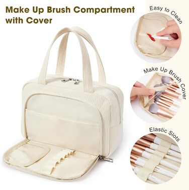 Косметичка жіноча Kalidi з багатьма відділеннями та слотом для пензлів, велика сумка для макіяжу, органайзер для косметики, валізка, темно-зелений (бежевий)