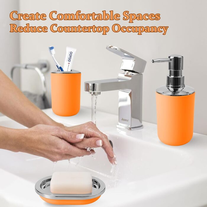 9-Piece Bathroom Accessory Set – Trash Can, Soap Dispenser Set, Soap Dish, Toilet Brush with Holder, Toothbrush Holder, Cup, Tray, Cotton Swab Holder, (Silver and Orange)