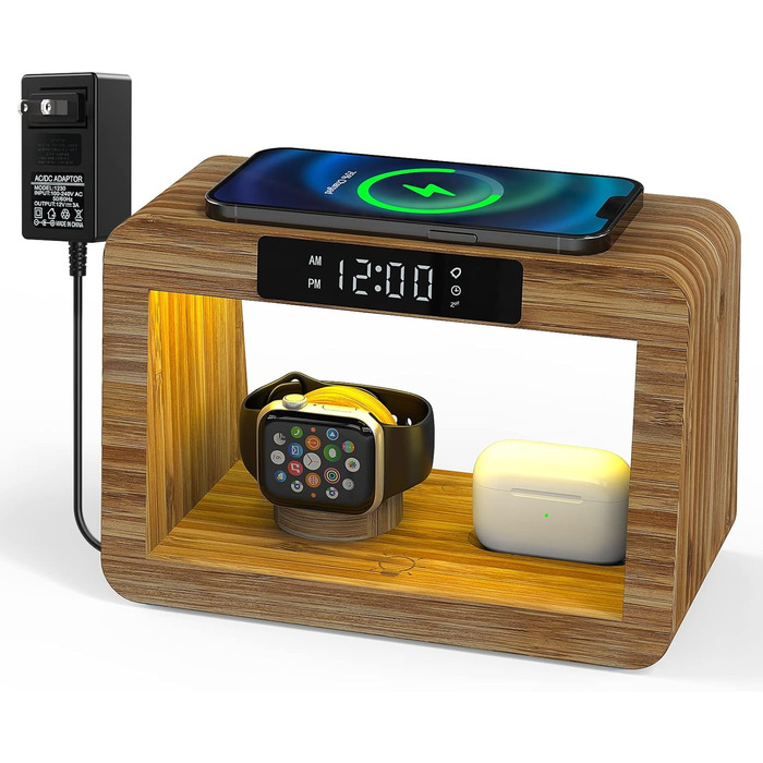 Багатофункціональна бамбукова зарядна станція 5-в-1 з бездротовим зарядним пристроєм, світлодіодним нічником та годинником, сумісна з Apple Watch, AirPods, Samsung Galaxy та іншими пристроями