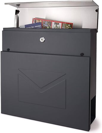 Поштовий ящик Verda з газетницею, нержавіюча сталь, антрацит, 37x37x11 см, з вікном, ключами та табличкою для імені - сучасний вуличний поштовий ящик
