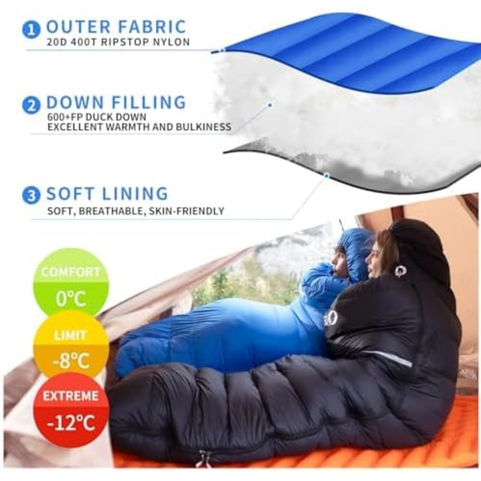 QEZER Down Sleeping Bag - Winter Outdoor Sleeping Bag -8°C to -23°C | Camping, Hiking & Trekking