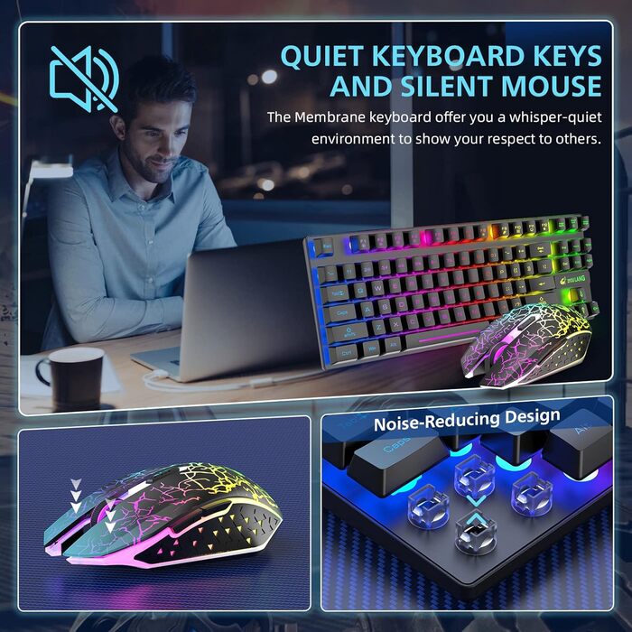 Механічна ігрова комбо клавіатура та миша з підсвічуванням Rainbow: клавіатура 87 клавіш, миша 2400DPI з 6 кнопками, та килимок для миші (чорний)