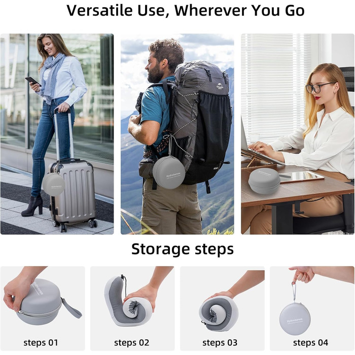 Подушка для шиї HydroAurum, подушка для подорожей, подушка для шиї з піною з пам'яті для літака, ергономічна підтримка шиї, 360° комфорт для літака, авто та поїзда, портативна U-подібна подушка з пральною наволочкою та темно-сірий колір, піна з пам'яті