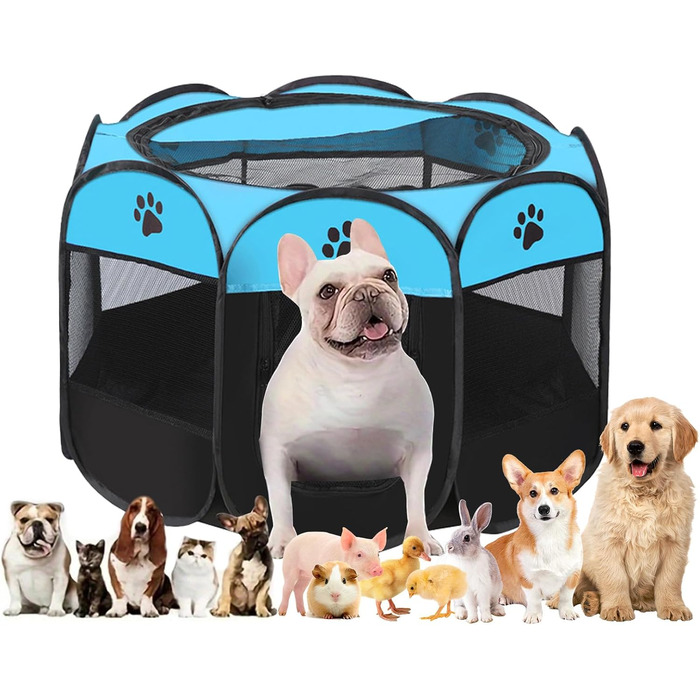 Клітка-вигул для цуценят та котів, клітка-вигул для собак, клітка для тварин, 114x114x58 см (Блакитний)