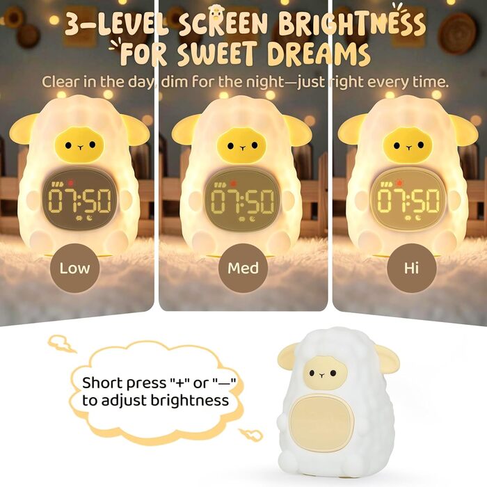 Alarm clock with night light for children, featuring sleep training and sound machine functions, rechargeable silicone wake-up lamp, cute animal table lamp, perfect sleep companion for boys and girls.
