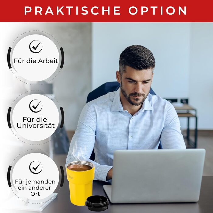 Термокружка 350 мл з кришкою, що не пропускає, з нержавіючої сталі для кави, чаю та напоїв на виніс (Жовтий)