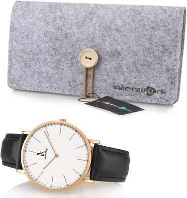 Alienwork IK Slim годинник на зап'ястя Ø36mm для чоловіків та жінок, ультратонкий, шкіряний ремінець (рожеве золото/рожево-золотий білий/чорний шкіряний ремінець)