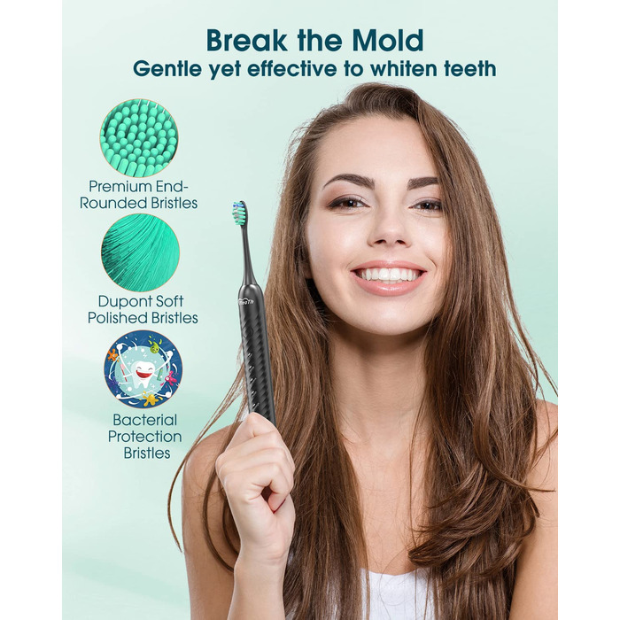 Електрична зубна щітка для дорослих з 6 насадками, перезаряджувана звукова щітка, чорна (1 шт.)