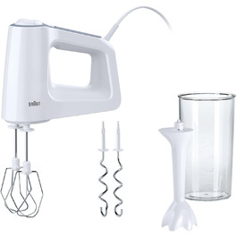 Braun MultiMix 3 HM 3105 Hand Mixer – Handheld Mixer with 5 Speed Settings & Turbo Function, including Whisk, Dough Hooks, Immersion Blender, and 600 ml Mixing and Measuring Cup, 500 Watts, White. MultiMix 3 - includes Whisk, Dough Hooks, Immersion Blender & Mixing and Measuring Cup