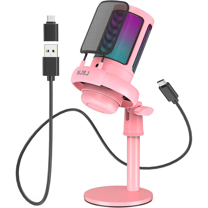 Мікрофон для ПК NJSJ Gaming з тримачем, USB мікрофон для Mac, PS4, PS5 (рожевий) з кнопкою вимкнення звуку, навушниками, поп-фільтром, кардіоїдний конденсаторний мікрофон для подкастів та стрімінгу