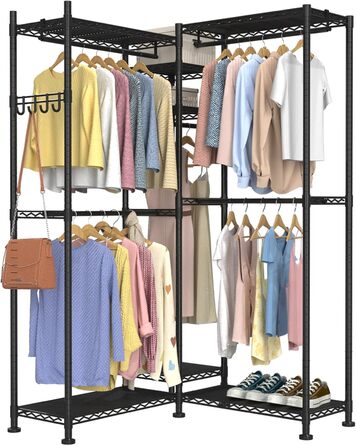 Clothes Rack, Clothes Rack, 4-Tier, Adjustable Closet Organizer System with Drawer | Double Rods | Side Hooks | Holds 445 lbs (L-shaped Clothes Rack for Corners)