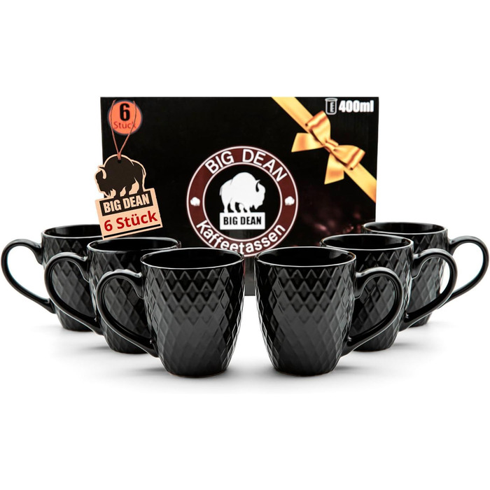 Набір кавових чашок BigDean 6 шт. 400 мл, чорний матовий керамічний посуд - подарунковий набір