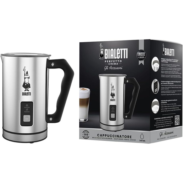 Електричний спінювач молока Bialetti Montalatte, 240 мл, 500 Вт, нержавіюча сталь, срібно-чорний