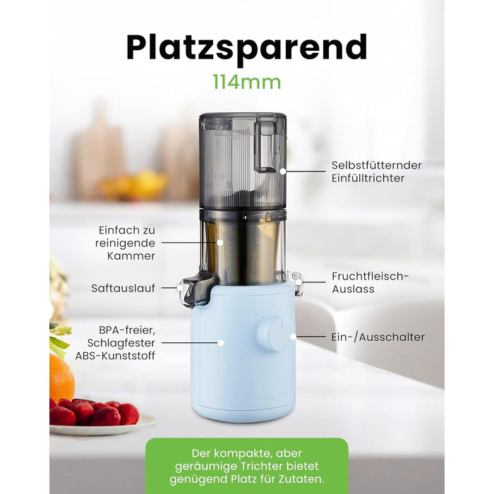 Hurom Slow Juicer | Vegetable and Fruit Juicer | H310 | Easy to Clean & Quiet Motor Electric Juicer with Strainer Filter | 150 Watt | BPA Free | Slim Design | 220ml, Sky Blue