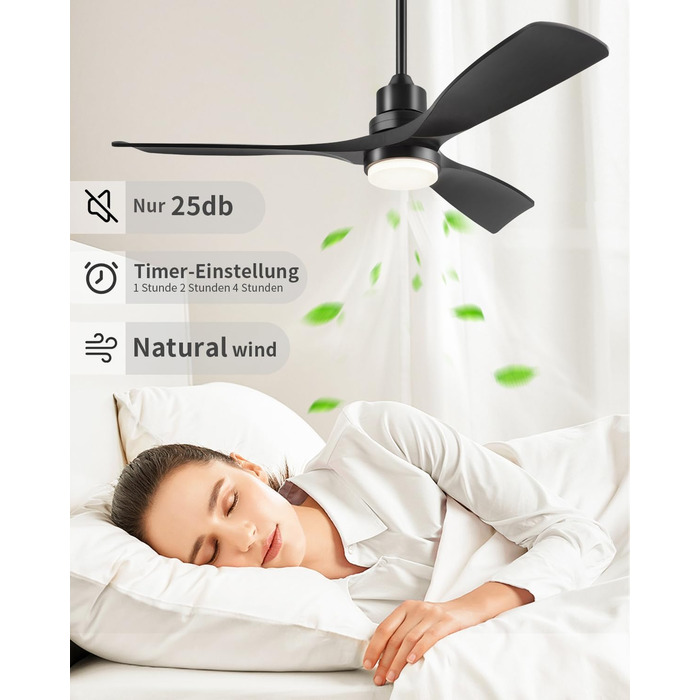 Стеляний вентилятор з підсвічуванням та пультом дистанційного керування, тихий DC двигун, 132 см/52 дюйми, 3 дерев'яних лопаті, таймер, 6 швидкостей, сертифікований ETL, режим літо/зима для спальні (132 см/52 дюйми, Чорний)